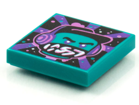 Tile 2 x 2 with Groove with BeatBit Album Cover - Dark Turquoise Minifigure, Black Hat and Dark Purple Headphones Pattern Item No: 3068bpb1586 Online Hot Sale